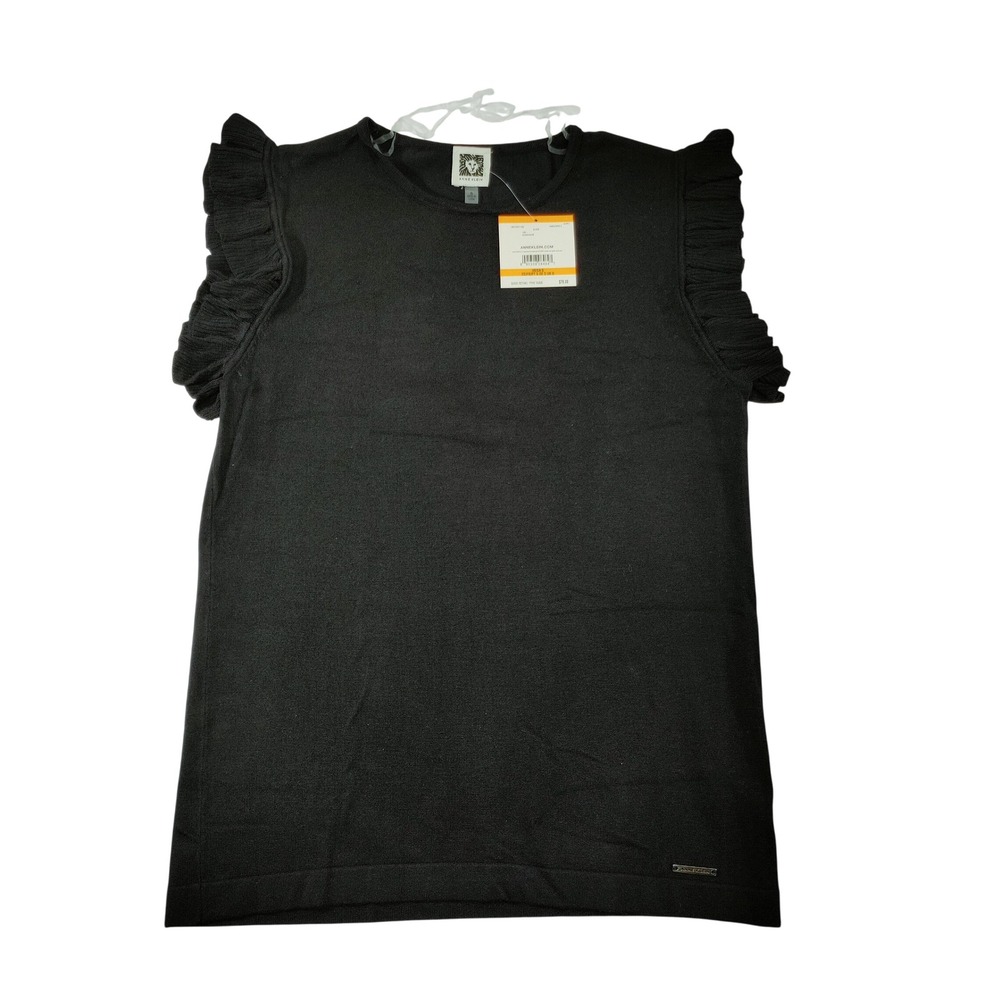 Anne Klein Black Ruffle Cap Sleeve Knit Top Crew Neck Sweater ‎ Size S